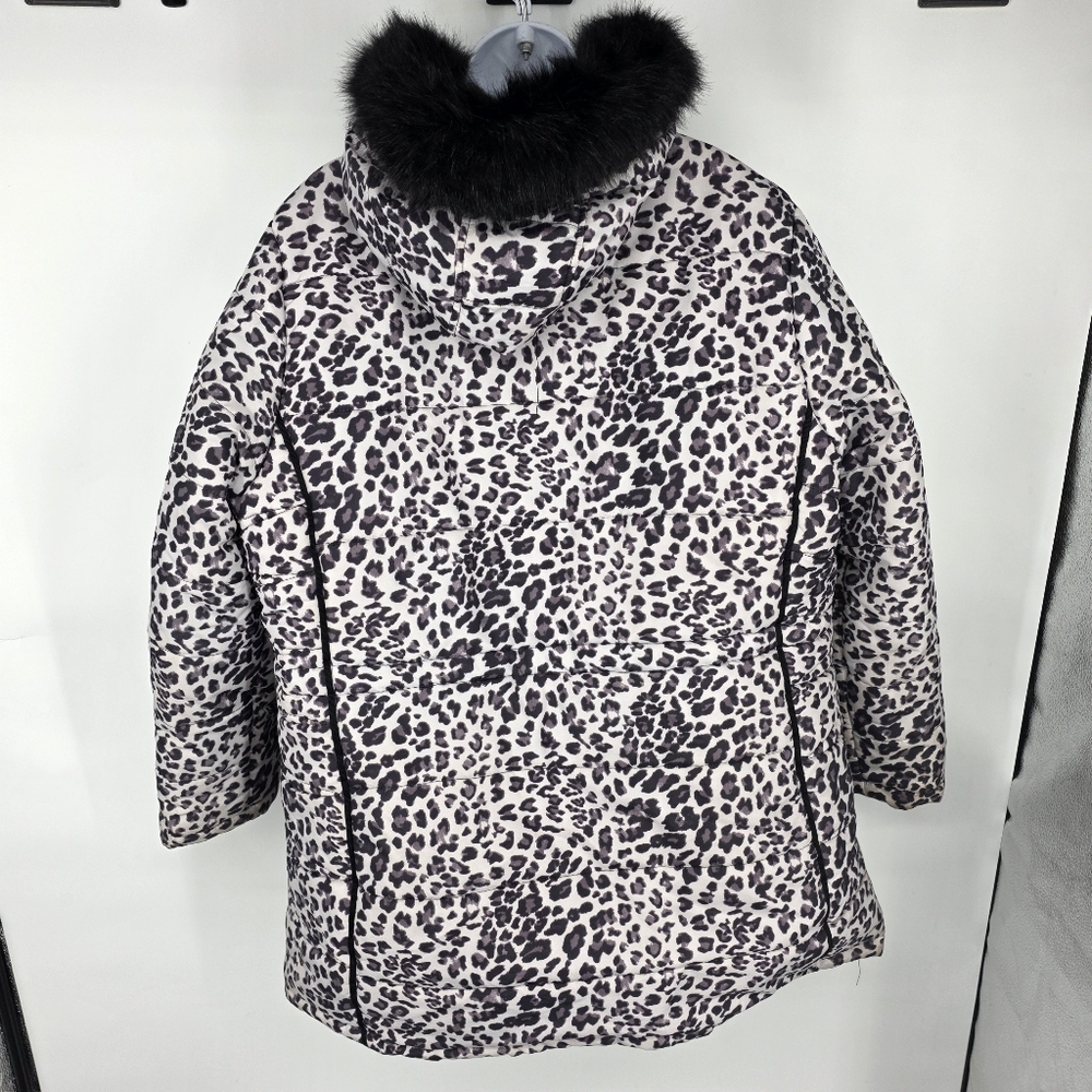 INTL DETAILS Leopard Puffer Coat Womens 1X Black Faux Fur Hood Winter Jacket - Picture 7 of 9